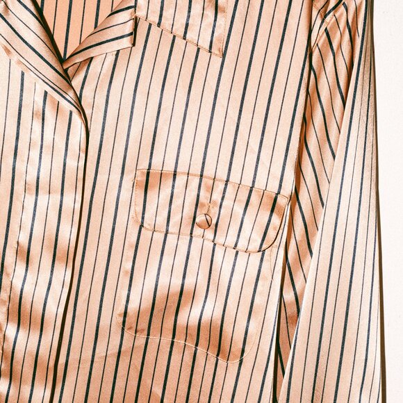 Champagne & Black Striped Satin-Esque Blouse with Chest Pockets - Picture 4 of 6